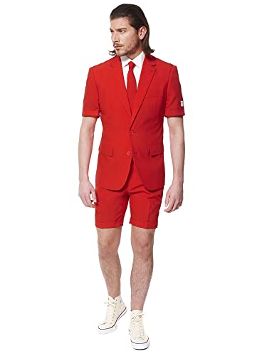 OppoSuits Herren Men Suit Business-Anzug Hosen-Set Inklusive Shorts, Kurzarmjacke & Krawatte, Red Devil, 48 EU im Sale